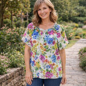 Orchadia Casuals Multi Color Floral Short Sleeve Top Size XL